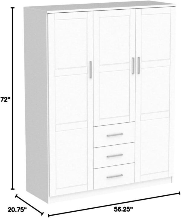 100% Solid Wood  3-Door Wardrobe Armoire Closet with Raised Panel Doors, White, 56.25" W x 72" H x 20.75" D, Renewable Eco-Friendly Wood, Made in Brazil