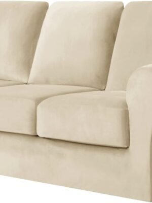 7 Piece  Sofa Cover Stretch, for 1 Base Cover, 3 Seat Cushion Covers and 3 Backrest Covers, for Living Room Furniture Couch Cover Thicker Velvet Fabric (Beige)