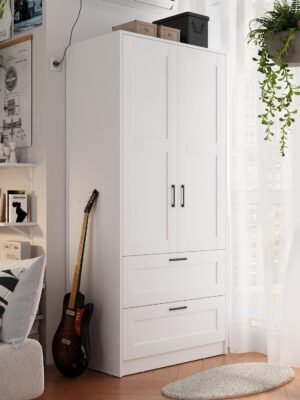 Wood White Wardrobe Closet with 2 Doors and Drawers，Bedroom Freestanding Armoire Storage Cabinet with Shelves，Wooden Wardrobe Combination for Hanging Clothes (White 2 Drawers)