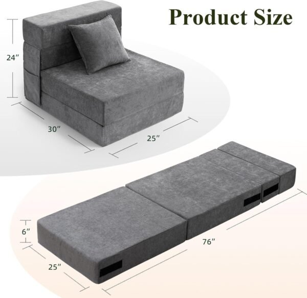 Folding Sofa Bed - Convertible Sleeper Chair with Pillow, Fold Out Couch, Foam Floor Mattress, Futon Couch, Lazy Sofa for Living Room/Dorm/Guest Room/Home Office, Single, Grey