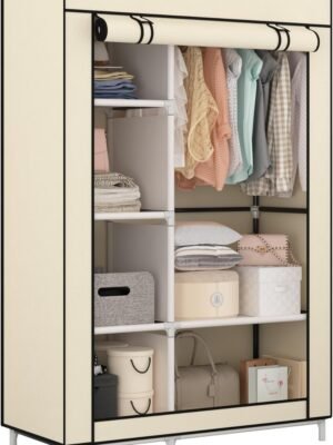 Portable Closet Organizers, Clothing Storage, Wardrobe with 6 Shelves and Hanging Rod, Non-Woven Fabric Cover with 4 Side Pockets, Beige