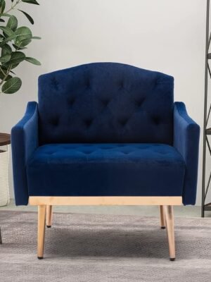 Modern Velvet Single Sofa Chair, Upholstered Accent Living Room Chair, Comfy Armchair with Rose Golden Metal Legs, Tufted Chair for Reading or Lounging, Blue (Curved Backrest)