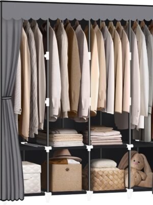 Portable Closet, Grey Wardrobe Closet Organizer with Cover, Portable Closets for Hanging Clothes 65.4x17.4x64.4 inch,4 Hanging Rods and Shelves, Large Capacity for Bedroom, Living Room