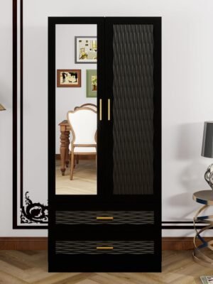 Wood Armoire Wardrobe Closet with Mirror, 2 Doors Armoire Storage Cabinet with Drawers and Hanging Rod，Bedroom Freestanding Wardrobe Combination for Hanging Clothes, Black 70.47”H