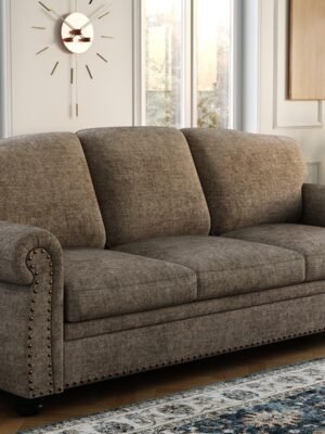 90 Inch Nailhead Trim Couches for Living Room, 23" Deep Seat Rolled Arm Sofa, Comfy Upholstered 3 Seater Sofa, Chenille Couch w/Wooden Leg, Large Traditional Sofa for Bedroom, Farmhouse, Brown