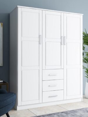 100% Solid Wood  3-Door Wardrobe Armoire Closet with Raised Panel Doors, White, 56.25" W x 72" H x 20.75" D, Renewable Eco-Friendly Wood, Made in Brazil