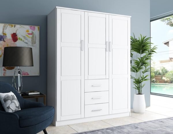 100% Solid Wood  3-Door Wardrobe Armoire Closet with Raised Panel Doors, White, 56.25" W x 72" H x 20.75" D, Renewable Eco-Friendly Wood, Made in Brazil