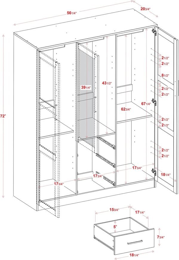 100% Solid Wood 3-Door Wardrobe Armoire w/Raised Panel Doors, Black, 56.25" w x 72" h x 20.75" d, Renewable Eco-Friendly Wood, Made in Brazil