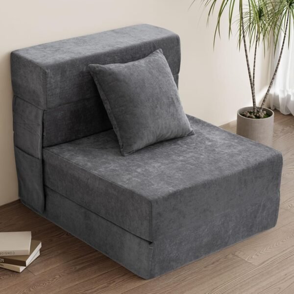 Folding Sofa Bed - Convertible Sleeper Chair with Pillow, Fold Out Couch, Foam Floor Mattress, Futon Couch, Lazy Sofa for Living Room/Dorm/Guest Room/Home Office, Single, Grey