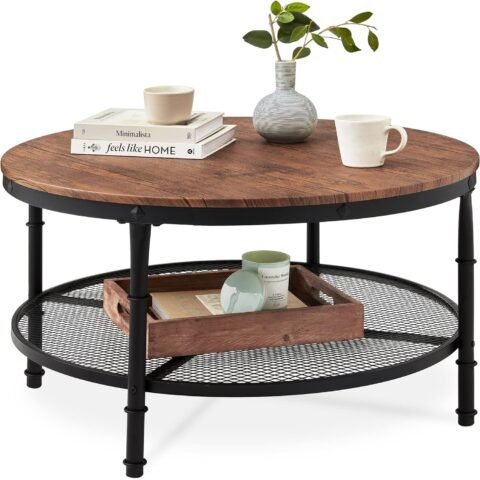 2-Tier 35.5in Round Industrial Coffee Table, Rustic Steel Accent Table for Living Room, w/Wooden Tabletop, Reinforced Crossbars, Padded Feet, Open Shelf, Raised Bottom - Brown