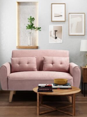 Small Modern Loveseat Couch Sofa, Mid Century Fabric Upholstered 2-Seat Sofa Couch Love Seats Furniture for Small Space,Living Room,Studio,Apartment with 2 Pillows, Pink
