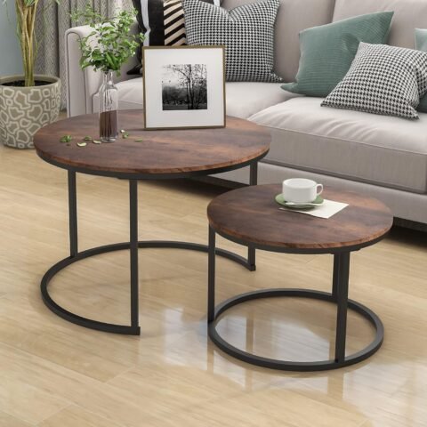 Industrial Round Coffee Table Set of 2 End Table for Living Room,Stacking Side Tables, Sturdy and Easy Assembly,Wood Look Accent Furniture with Metal Frame,Black+Rustic Brown