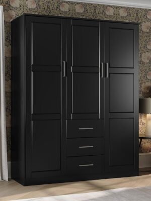 100% Solid Wood  3-Door Wardrobe Armoire w/Raised Panel Doors, Black, 56.25" w x 72" h x 20.75" d, Renewable Eco-Friendly Wood, Made in Brazil