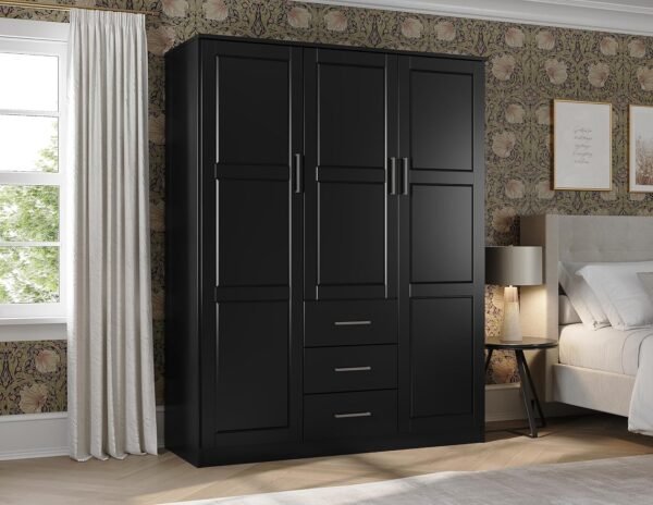 100% Solid Wood 3-Door Wardrobe Armoire w/Raised Panel Doors, Black, 56.25" w x 72" h x 20.75" d, Renewable Eco-Friendly Wood, Made in Brazil